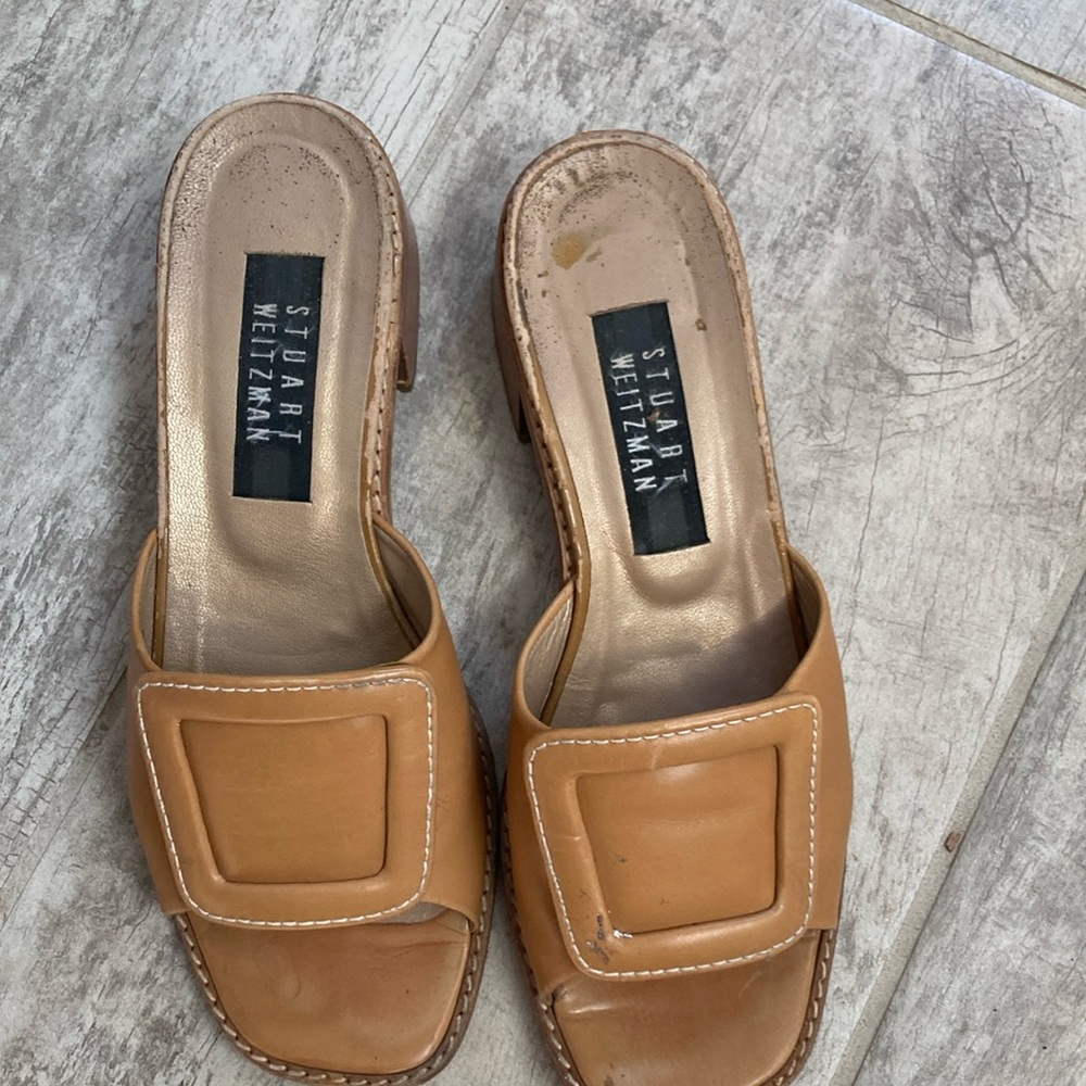 Stuart Weitzman Tan Mules Modern Minimalist Design